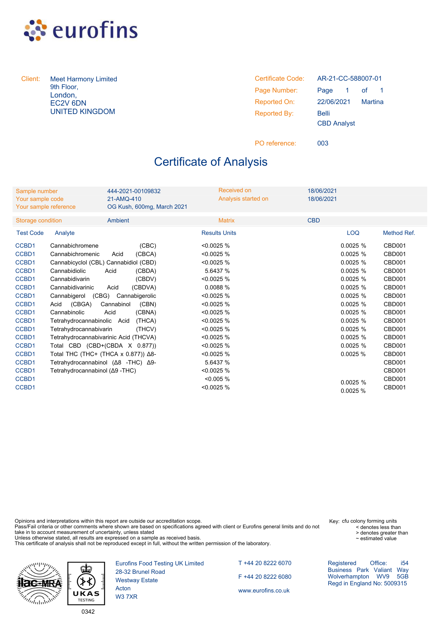 Harmony CBD Liquid OG Kush 10ml, 30-600 mg CBD