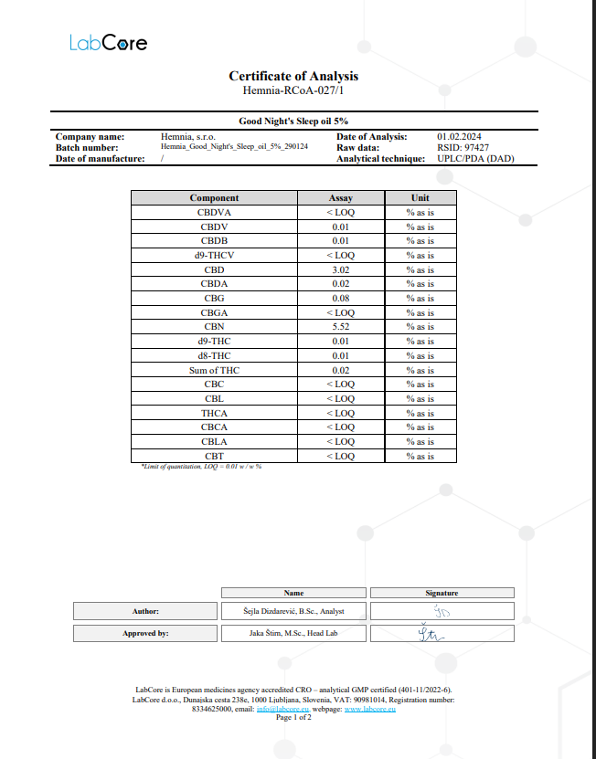 Hemnia Hemp oil 5%, 500 mg CBN, 250 mg CBD, 10 ml
